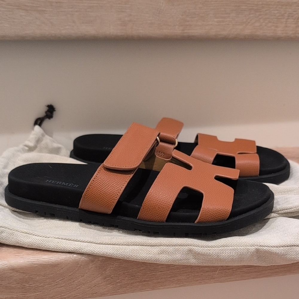 Women's Brown Leather Slide Sandals